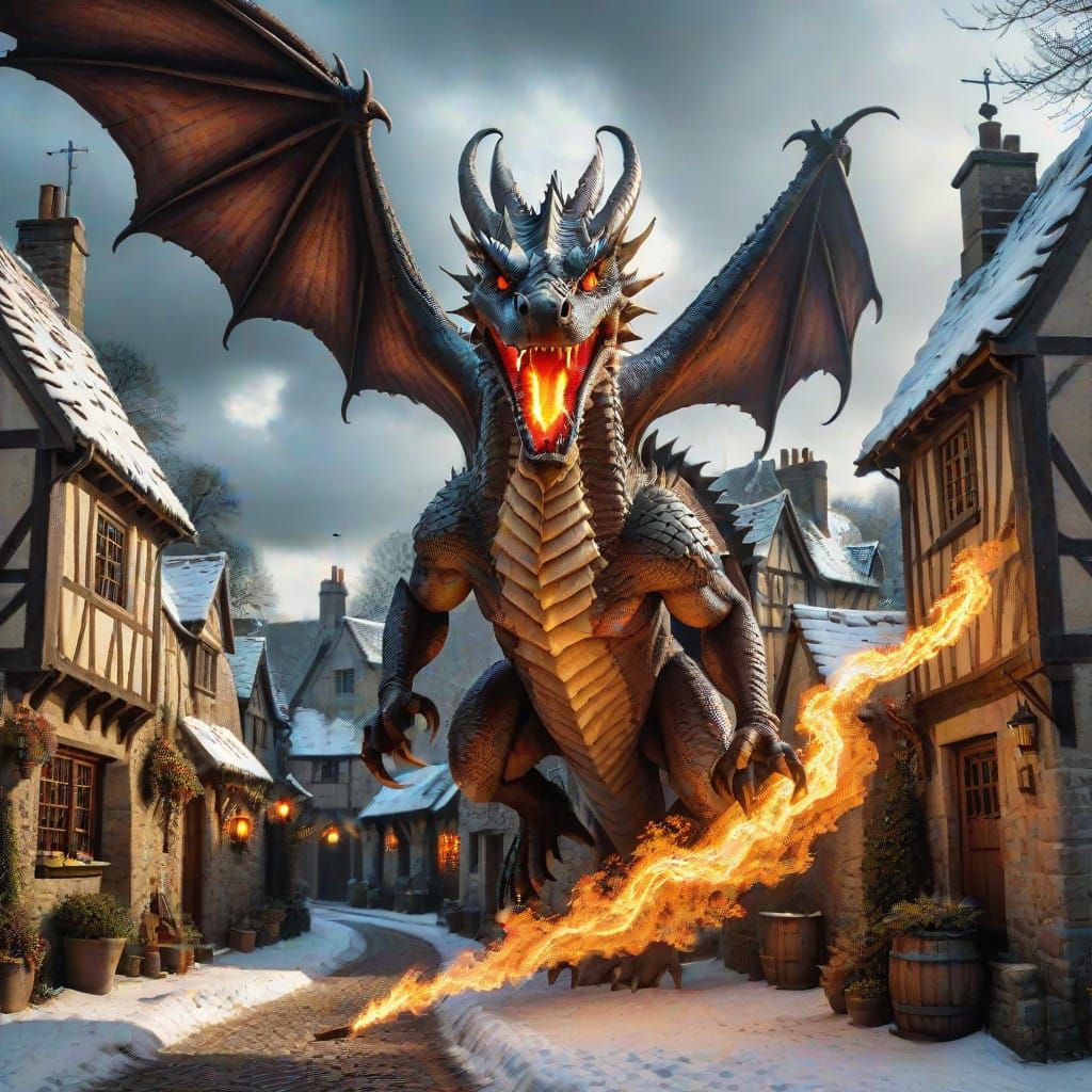Winter Dragon Invasion in Medieval English Village