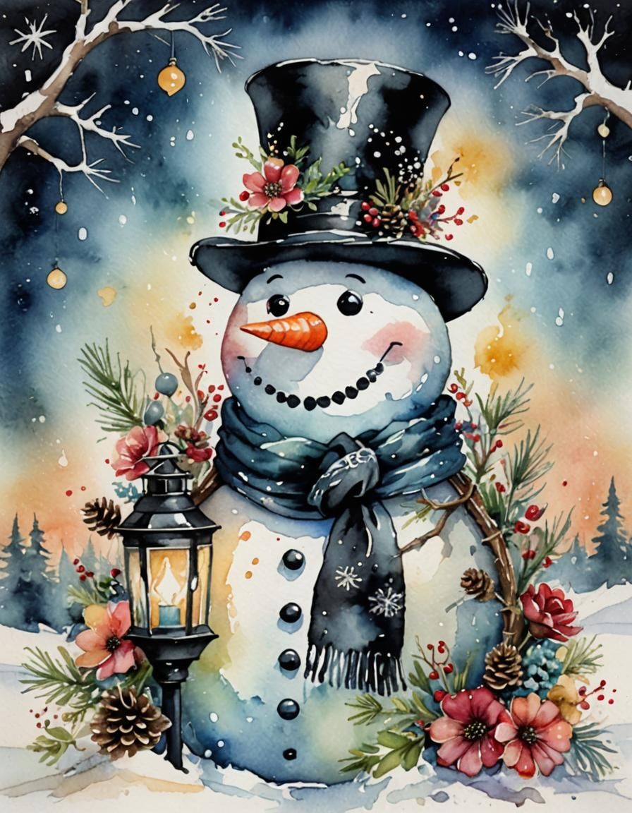 Whimsical Watercolor Snowman with Christmas Decorations