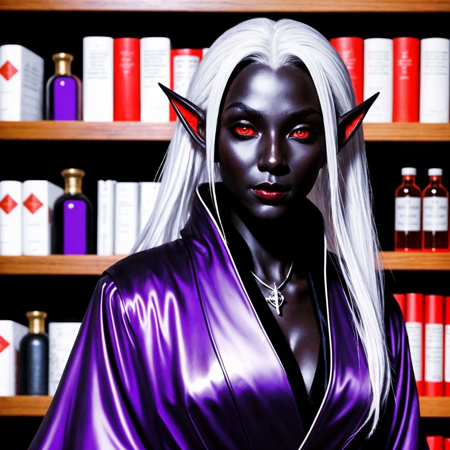 Dark Elf Alchemist in a Wizard's Study