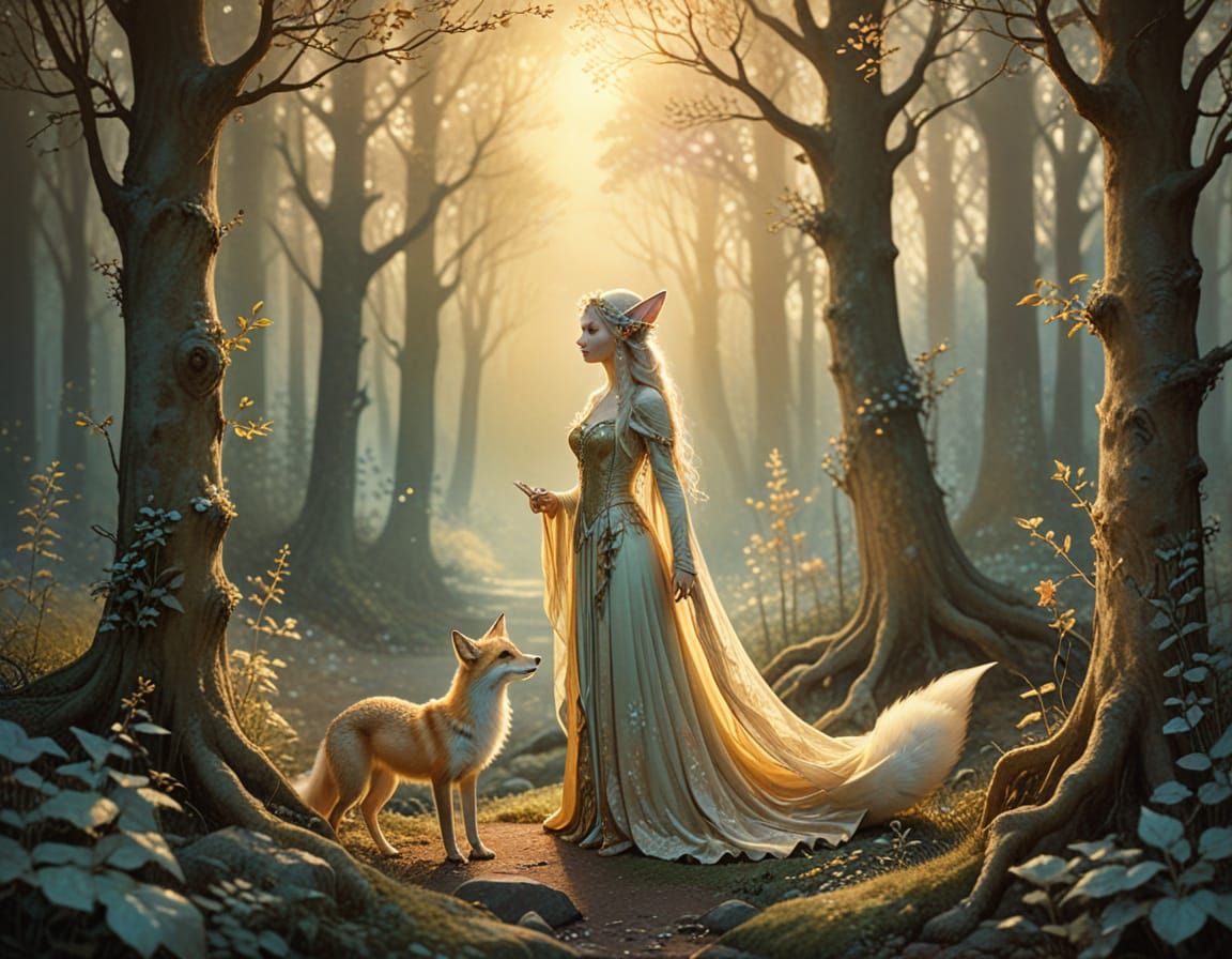 Elf with Luminous Fox in Watercolor Style