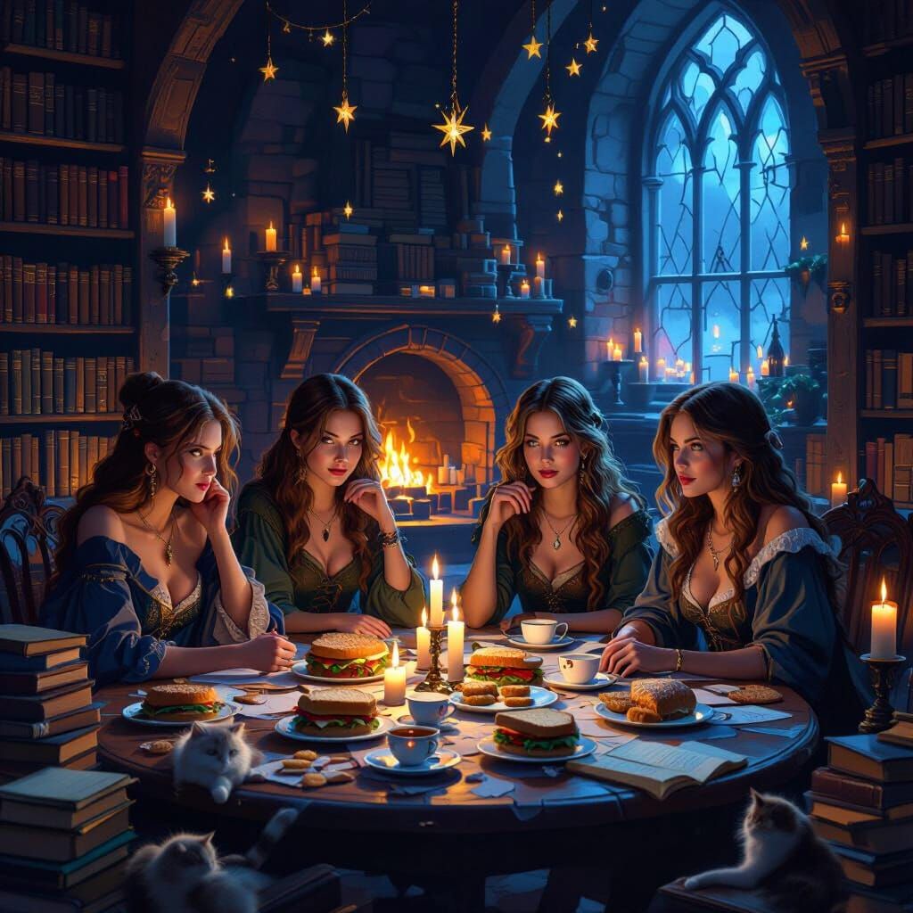 Women's Book Club in Ancient Castle Library at Night