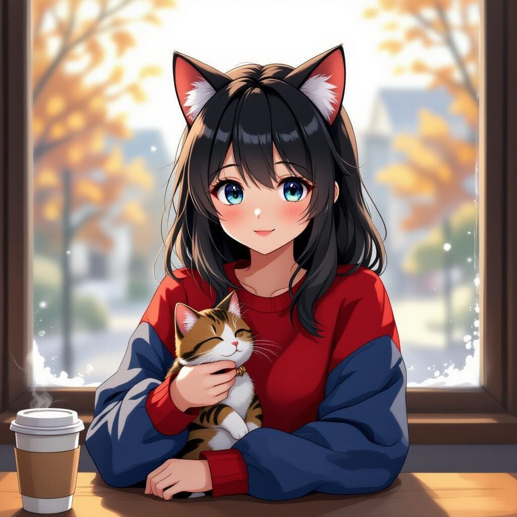 Anime Girl with Cat Ears and Pet Cat by Autumn Window
