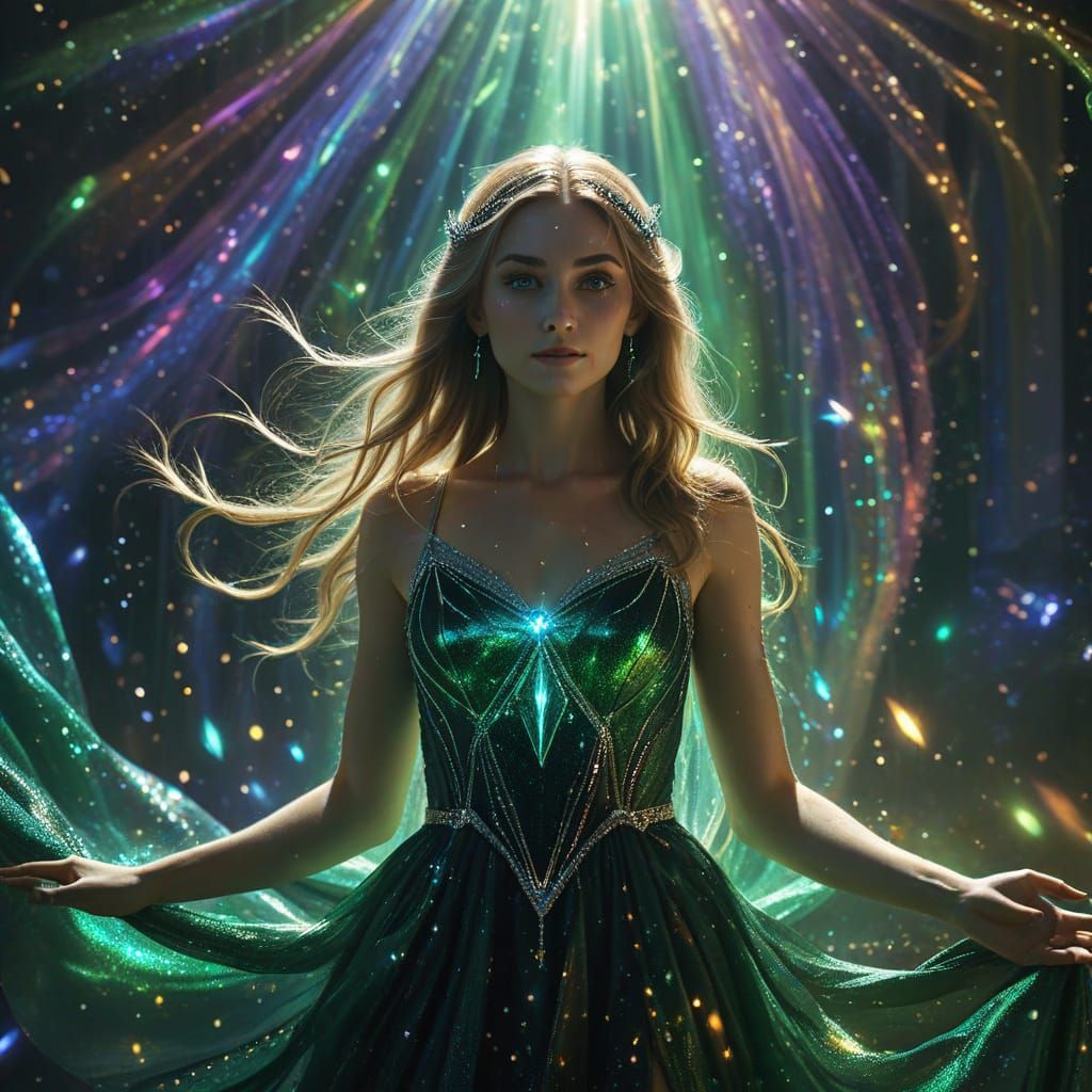 Girl in a glowing shoulder-length prism dress floats sideways in front of the galactic curtain
