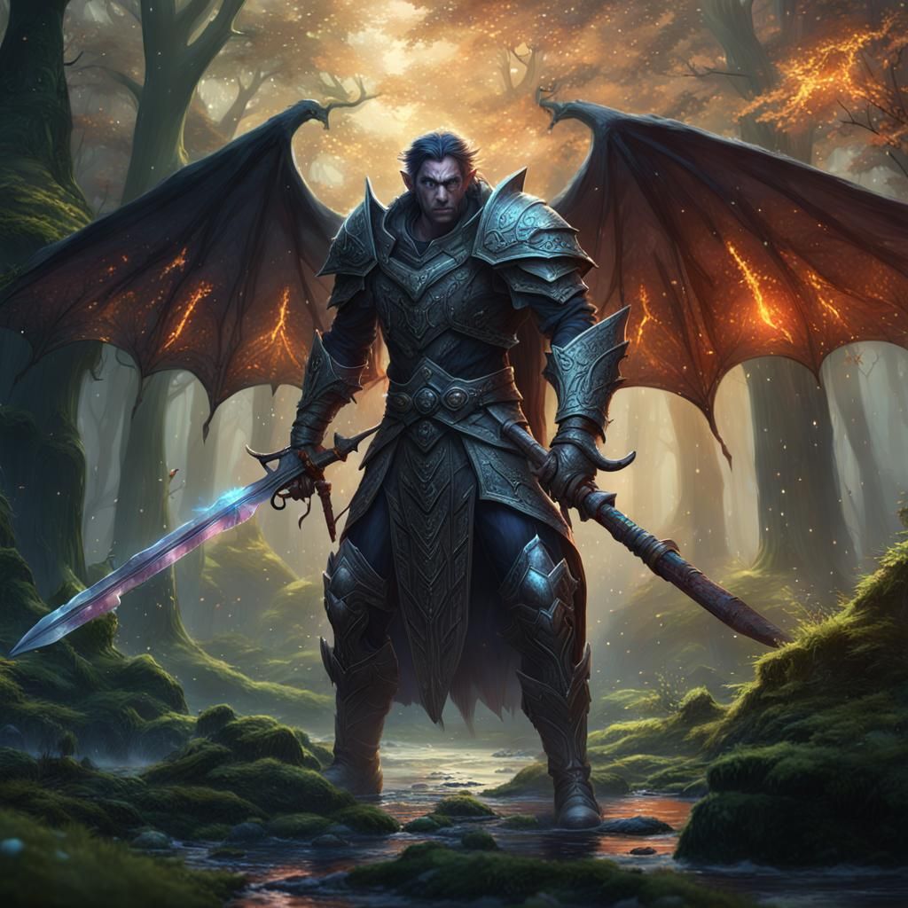 Elf paladin almost hiding his inner demon . Forest. Rain.