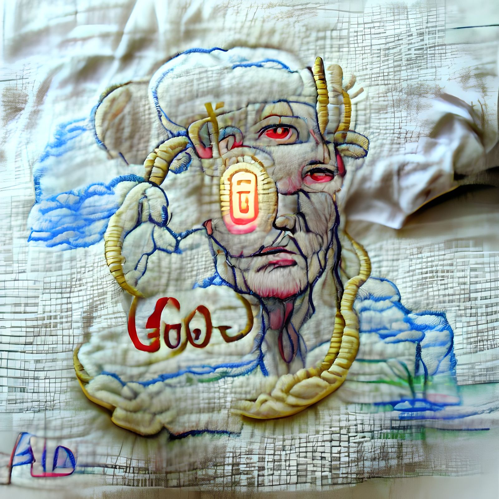 God AI: Embroidered Deity on Linen