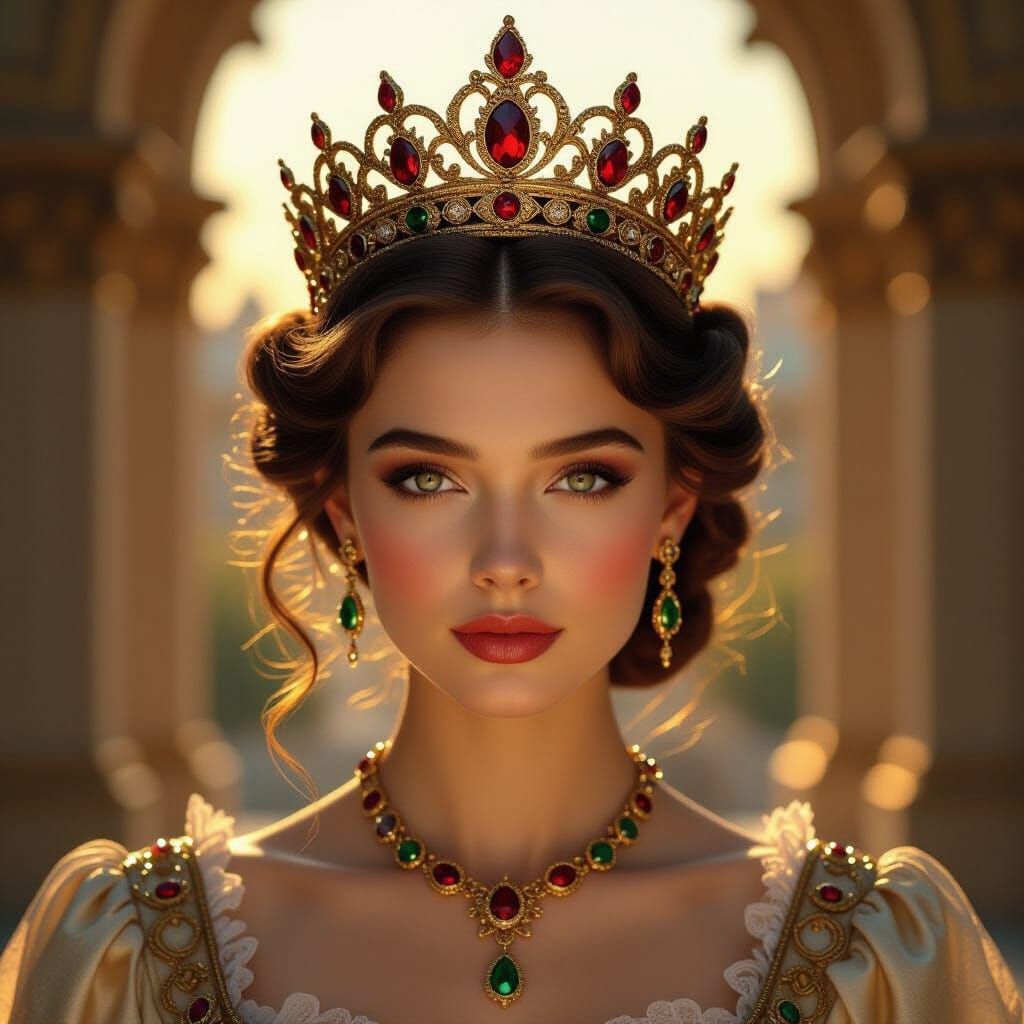 Regal Princess in Ornate Jeweled Crown, Golden Hour