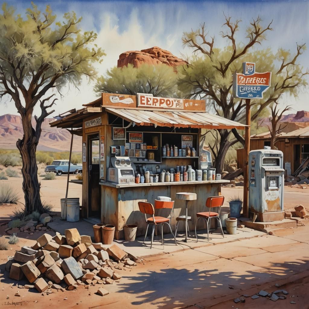 Ghostly Coffee Stop on Route 66, Watercolor