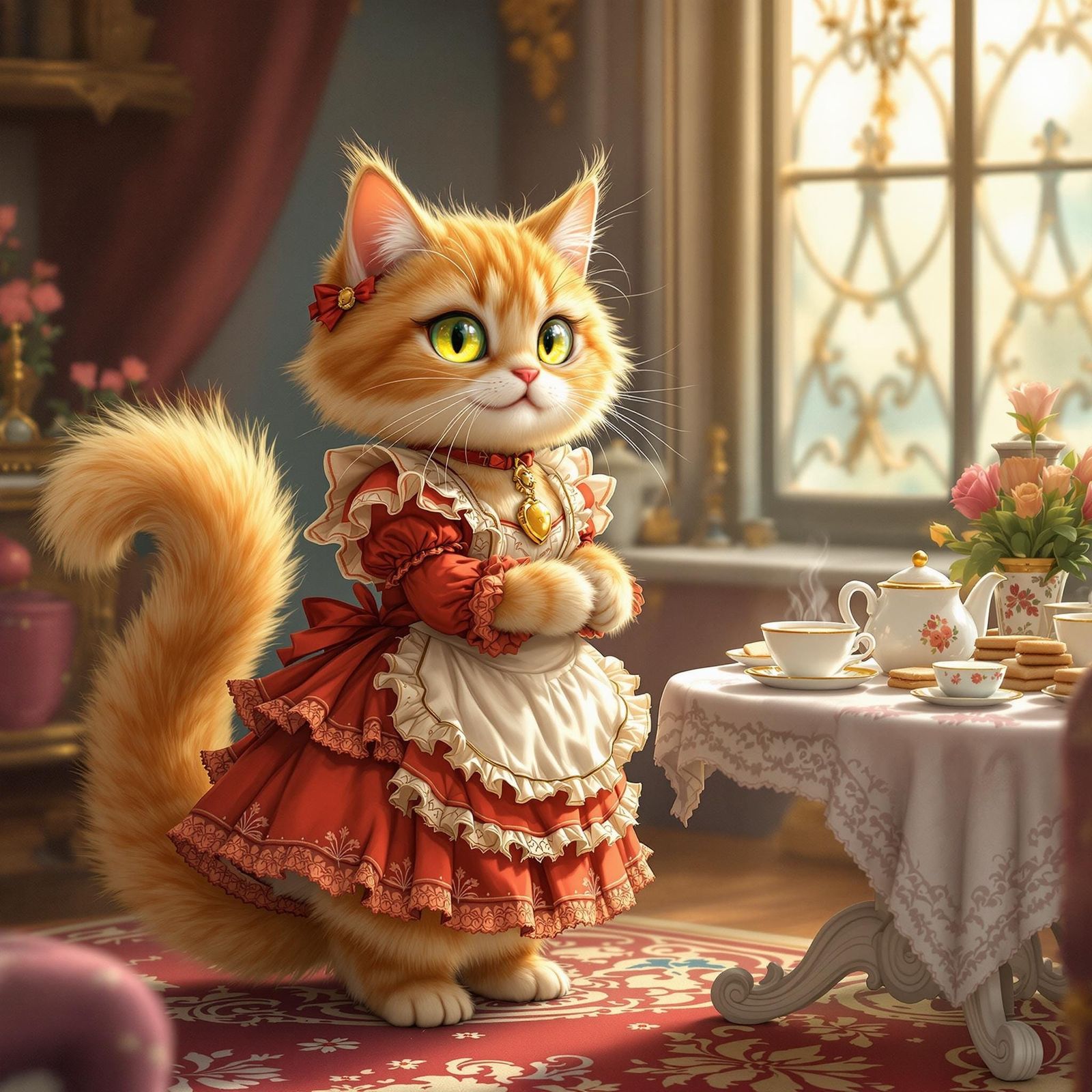 Victorian Catgirl Sips Tea in Elegant Parlor