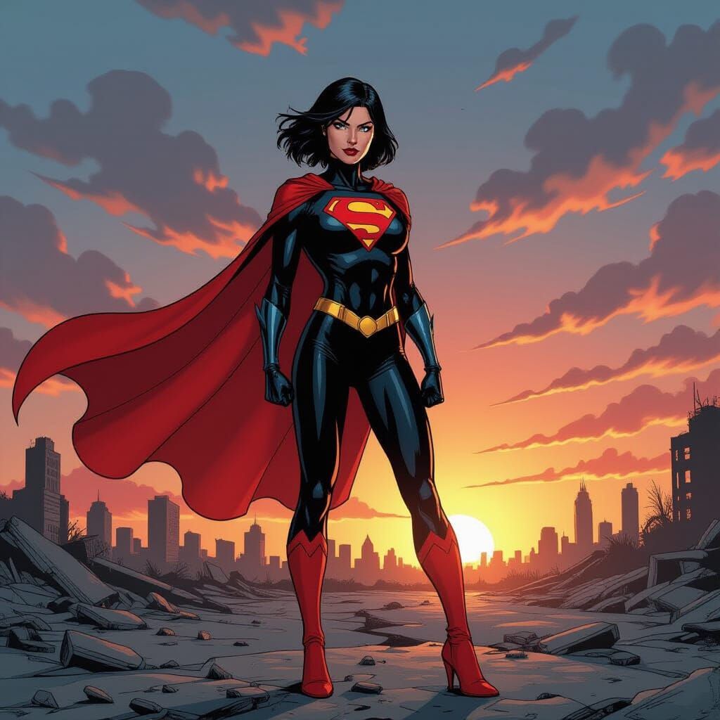Superwoman in Desolate City Sunset, Comic Book Art