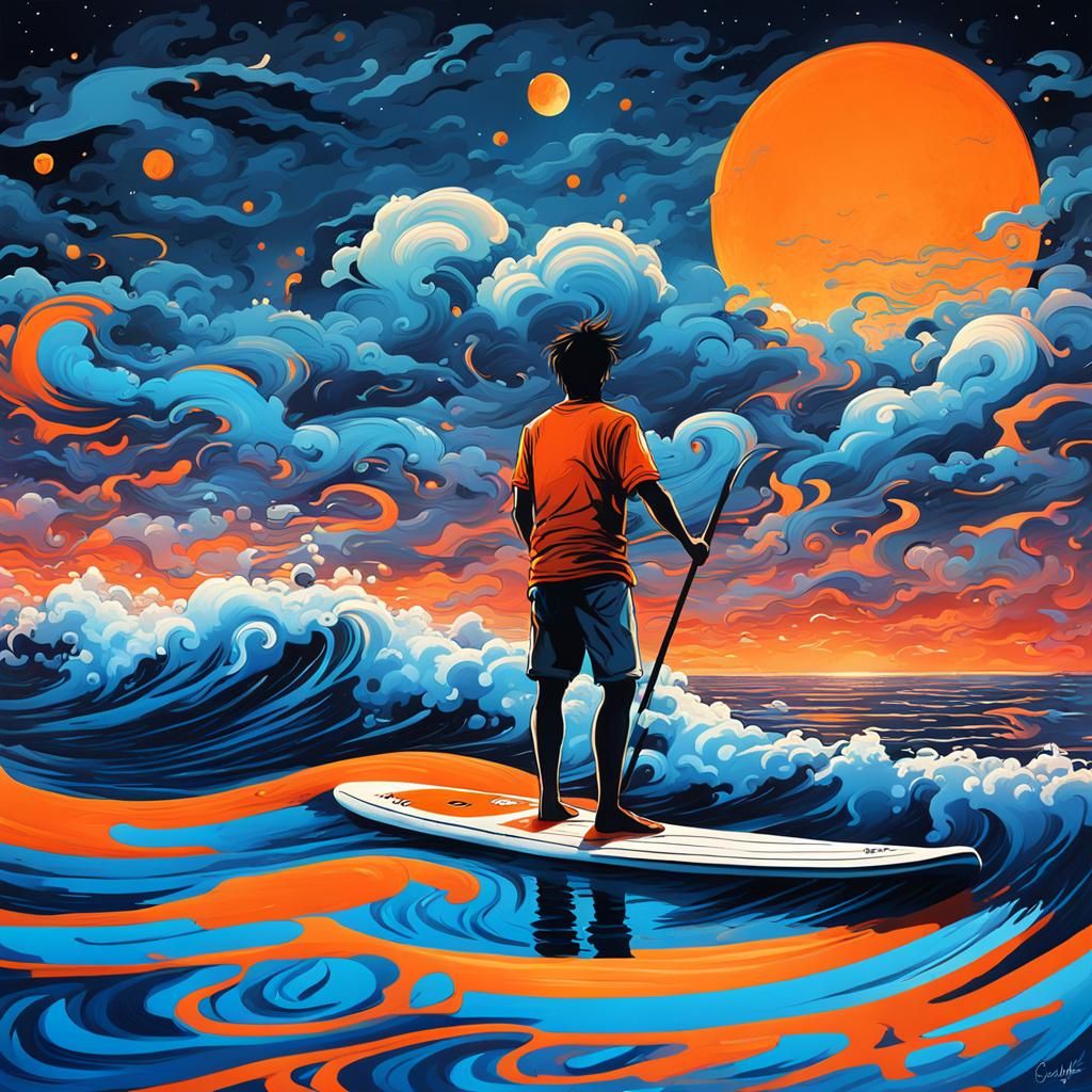 Paddleboarder at Night: Graffiti Art Beachscape