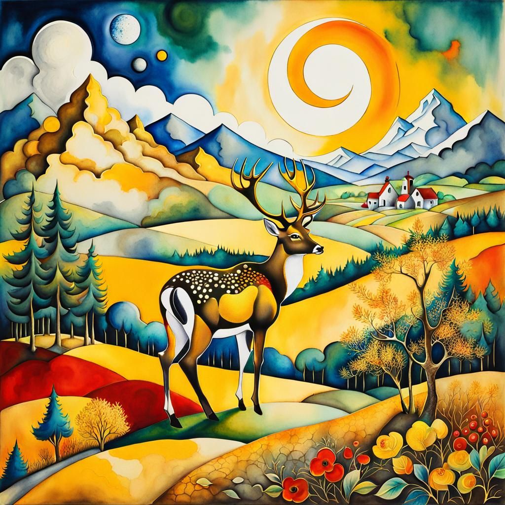Surreal Fractal Watercolor Landscape with Fallow Deer