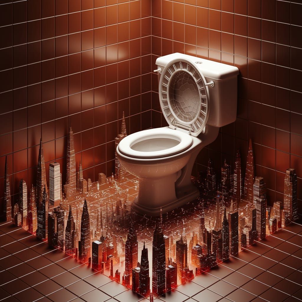Futuristic Cityscape on a Bathroom Tile in Neon Brown