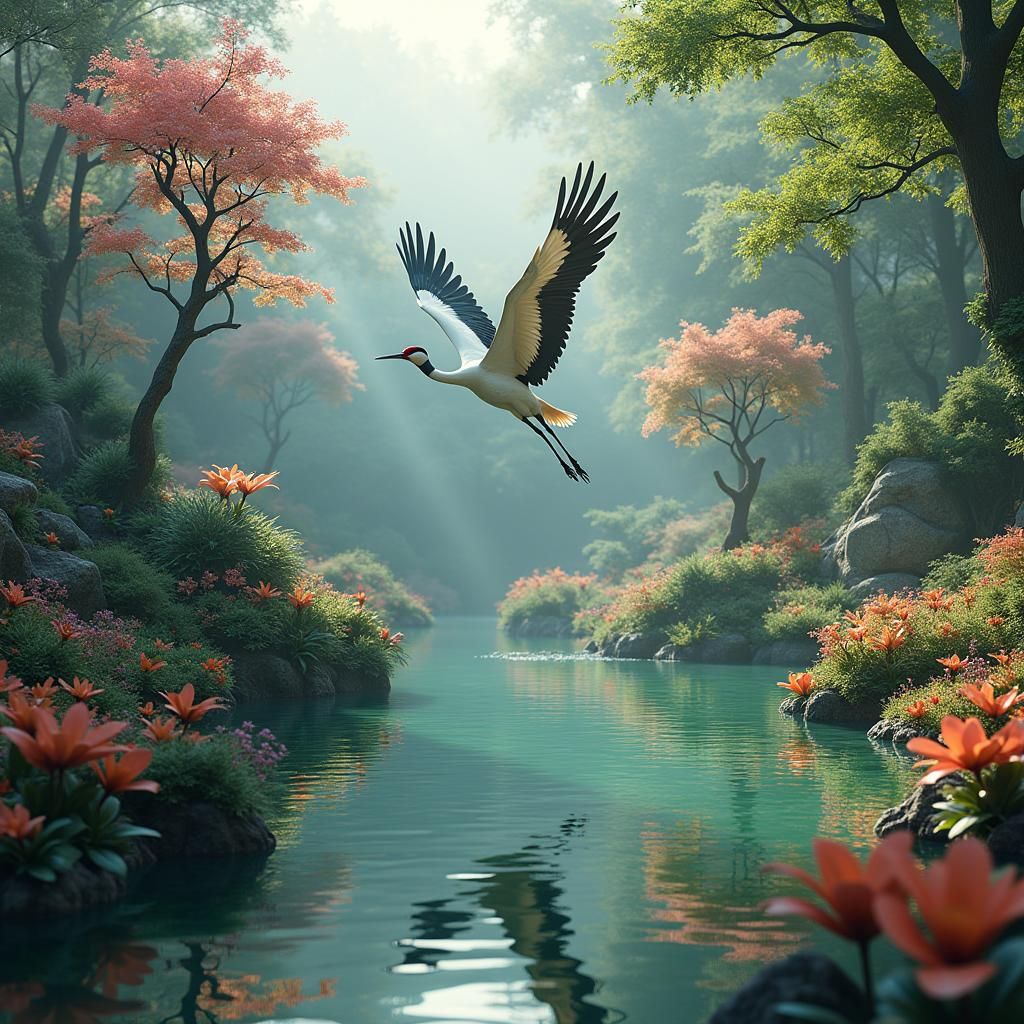 Cranes Soaring from Japanese Garden: Matte Painting