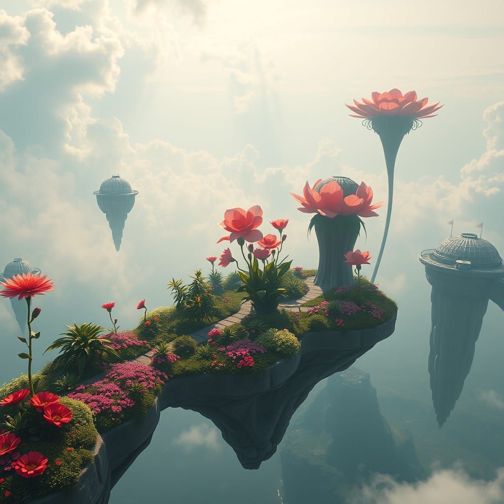 Floating Islands with Gardens and Giant Flowers in Neon Styl...