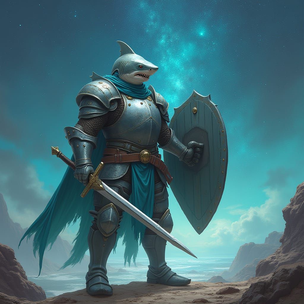 Great White Shark Knight Amidst Milky Way, Digital Art