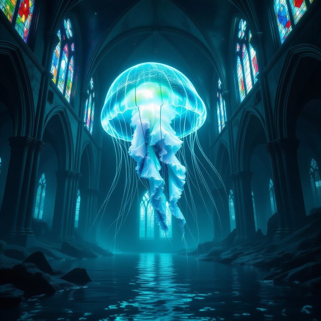 Bioluminescent Jellyfish Illuminates Sunken Gothic Cathedral