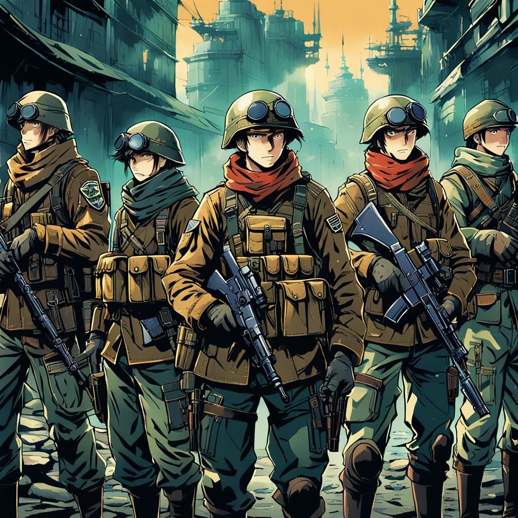 Anime Mercenaries in WWI Gear, Cel-Shaded Illustration