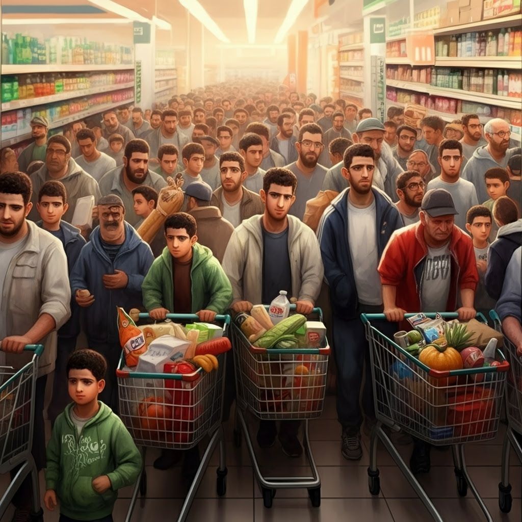 Realistic Digital Painting of Crowded Supermarket Queue