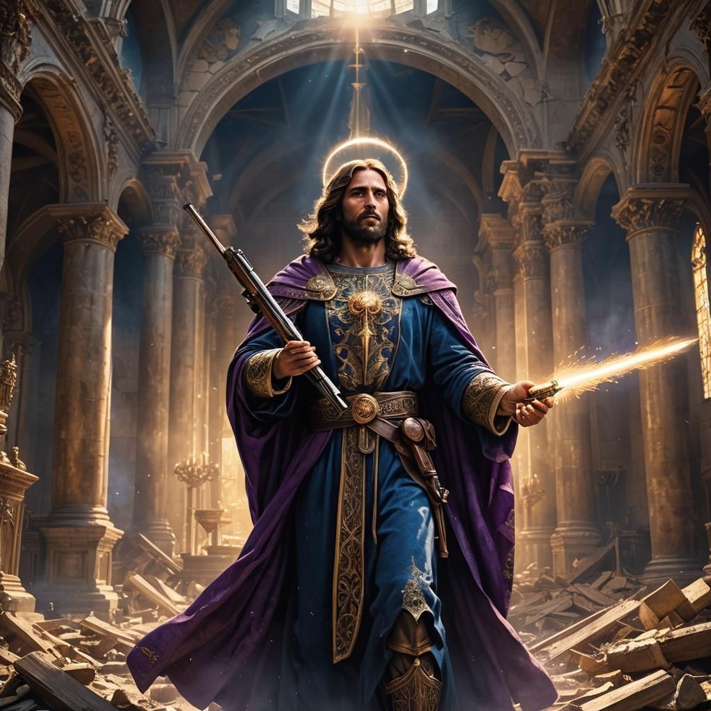 Jesus Christ with Shotgun in Baroque Cathedral