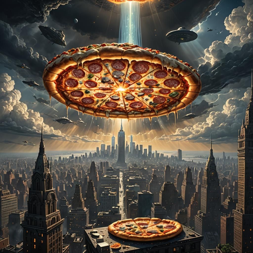 Pizza Mothership over New York City: Dark Fantasy Art