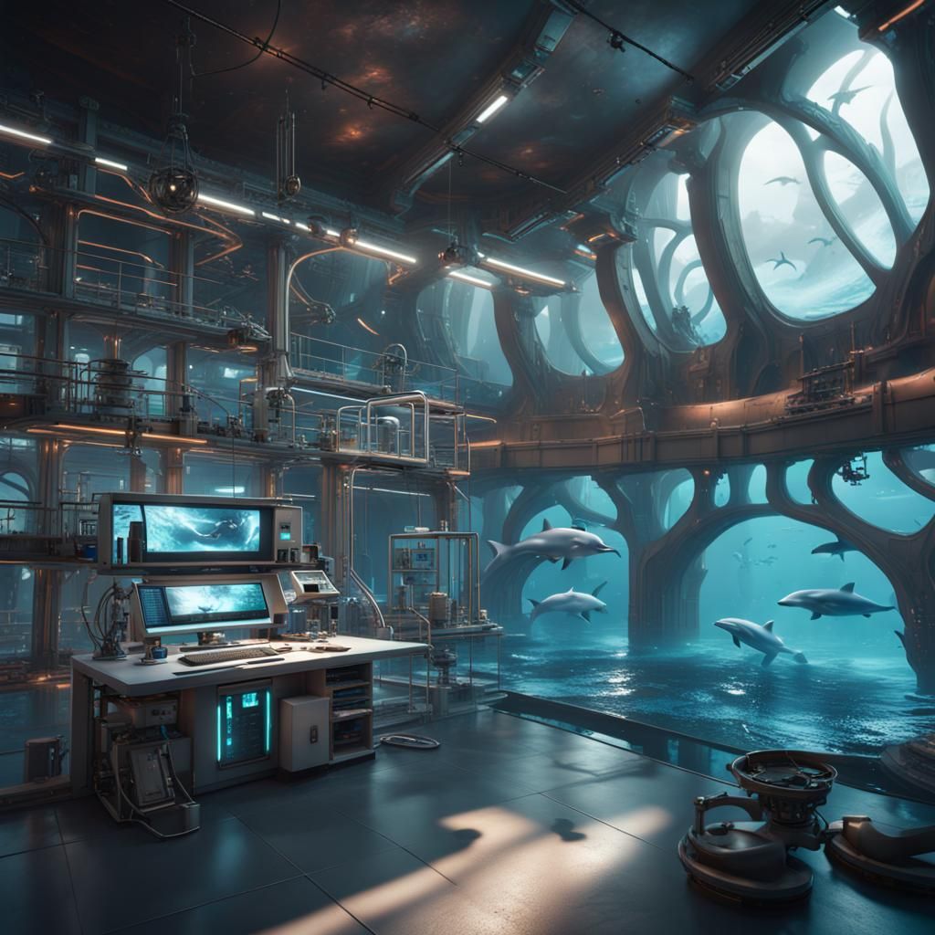Futuristic Lab Studying Enhanced Dolphins: Detailed Matte Pa...