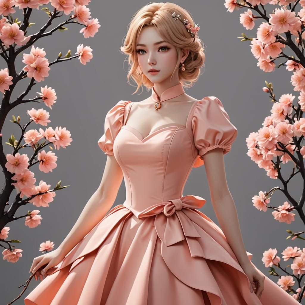 Elegant Peach Dress in 3D Anime Art Style