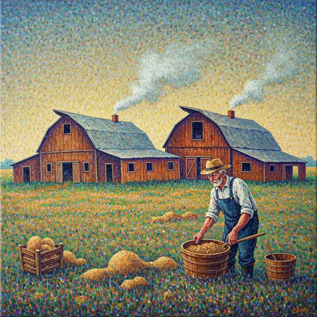 Gothic Farm Scene in Impasto Pointillism Style