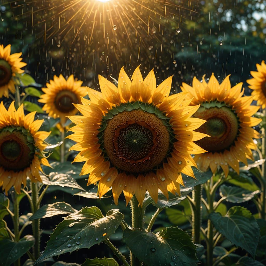 Sunflowers with Water Droplets in Golden Sunlight