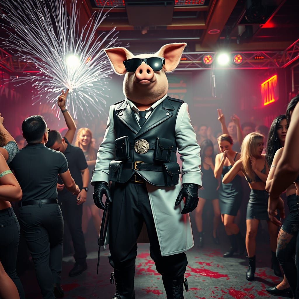 Cyberpunk Pig Raves Underwater Amidst Chaos