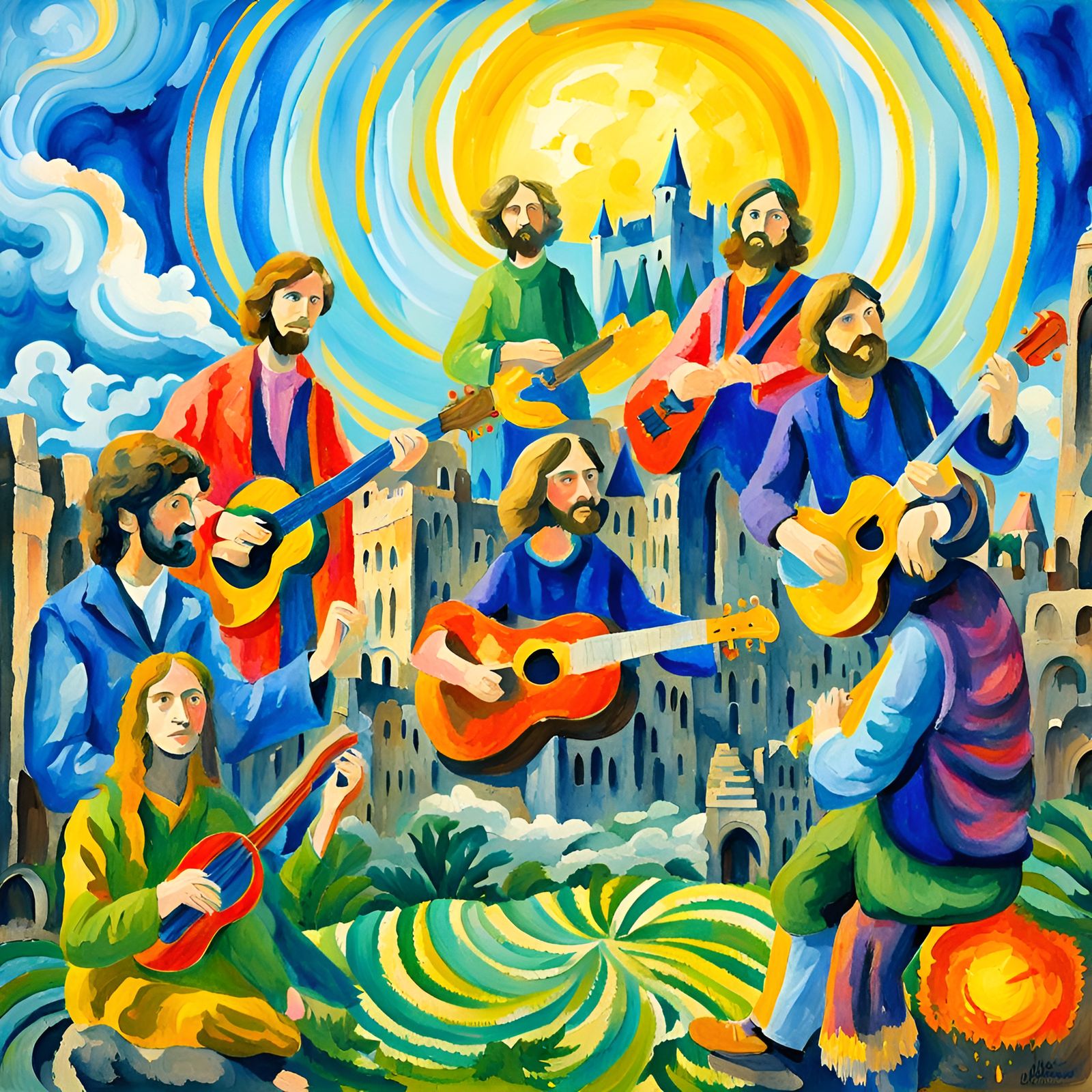 1970s Music Festival in Castle Ruins: Gouache Style