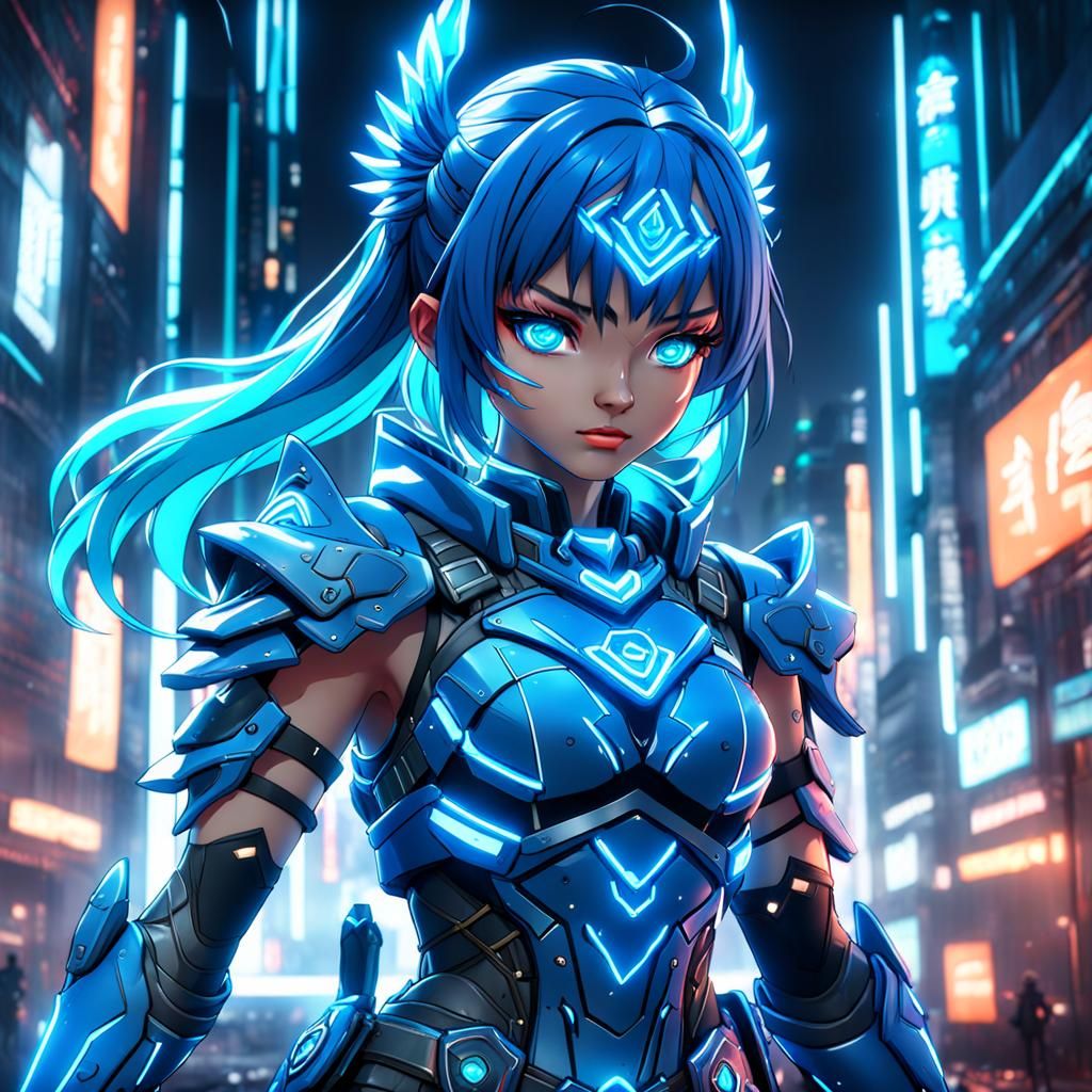 Anime Blue Neon Warrior Girl: Detailed Matte Painting