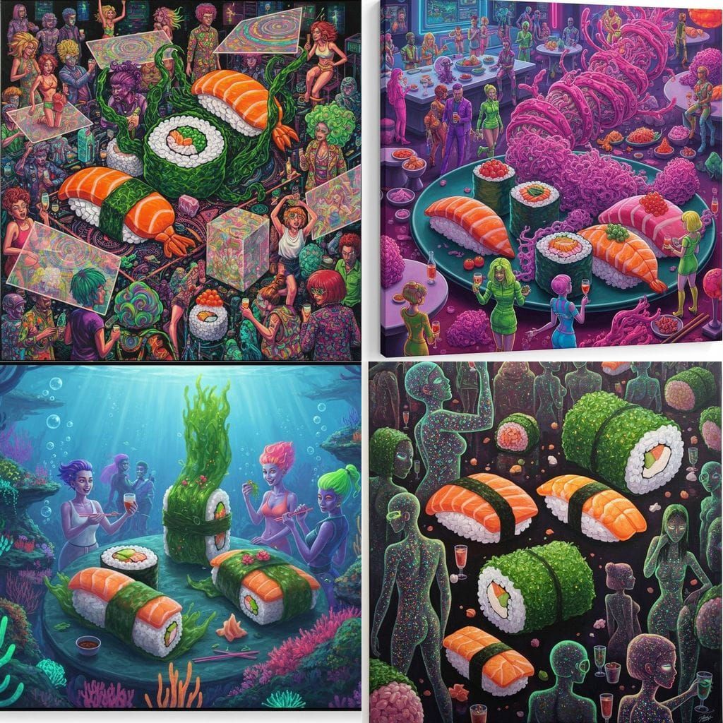Psychedelic Seaweed Sushi Party in Acrylic Style
