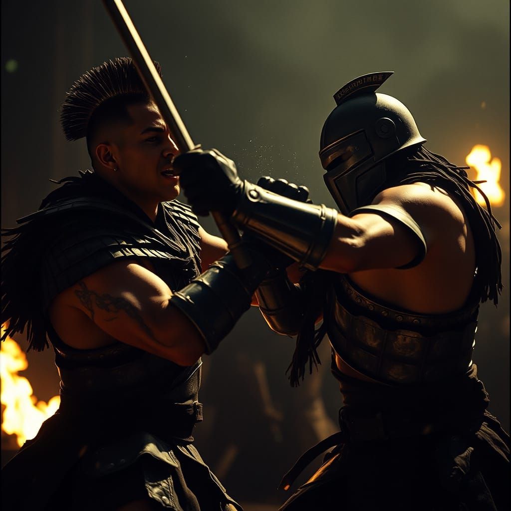 Epic Cinematic Fight Scene in Warm 35mm Film Style