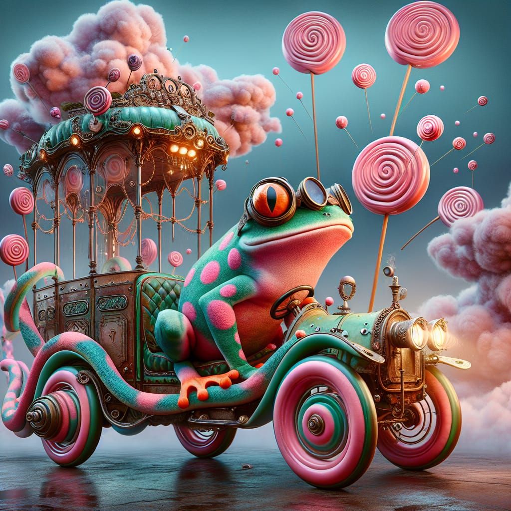 Steampunk Frog Piloting Lollipop Snake-Bus