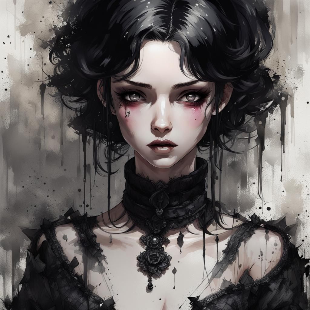 Gothic Doll in Black Velvet Dress, Detailed Studio Photo