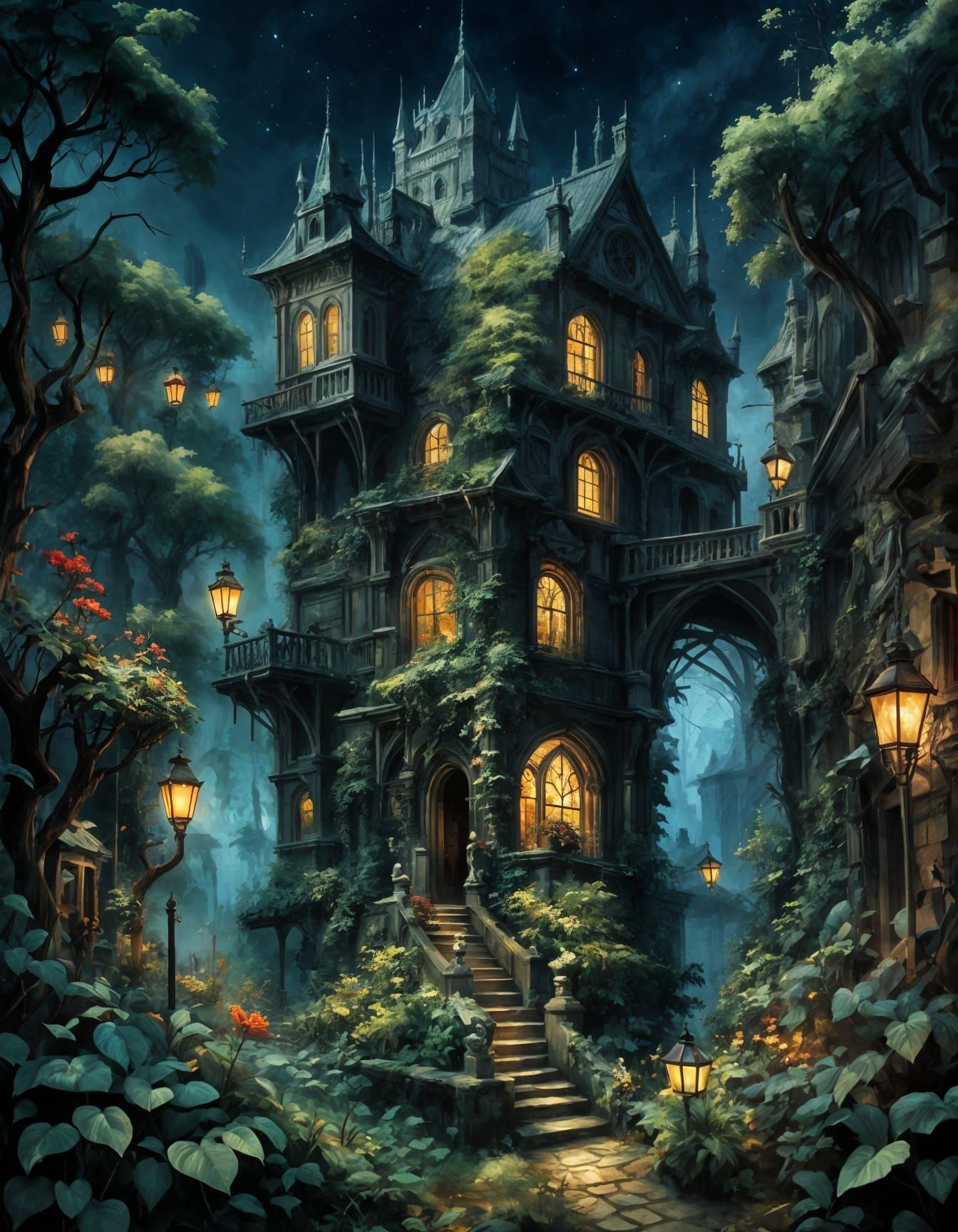 Glittering Midnight Garden in Maximalist Style