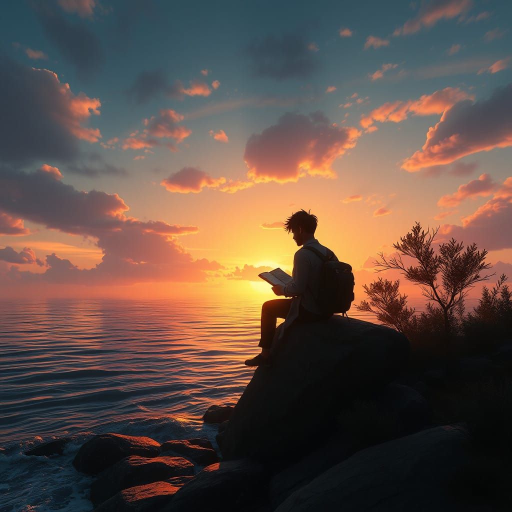 Solace on a Majestic Coast in Cyberpunk Art Style
