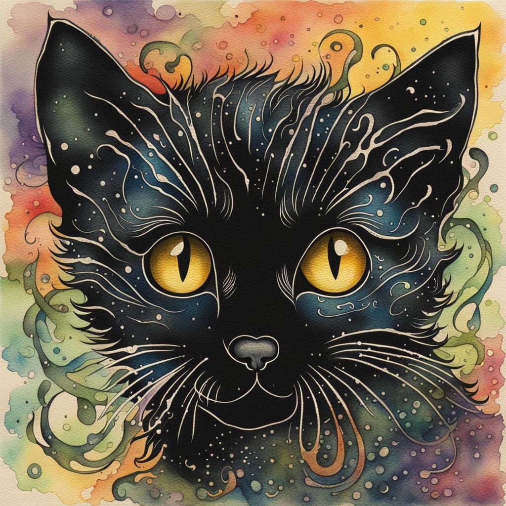 Black Kitten in Watercolor and Ink with Contrasting Colors