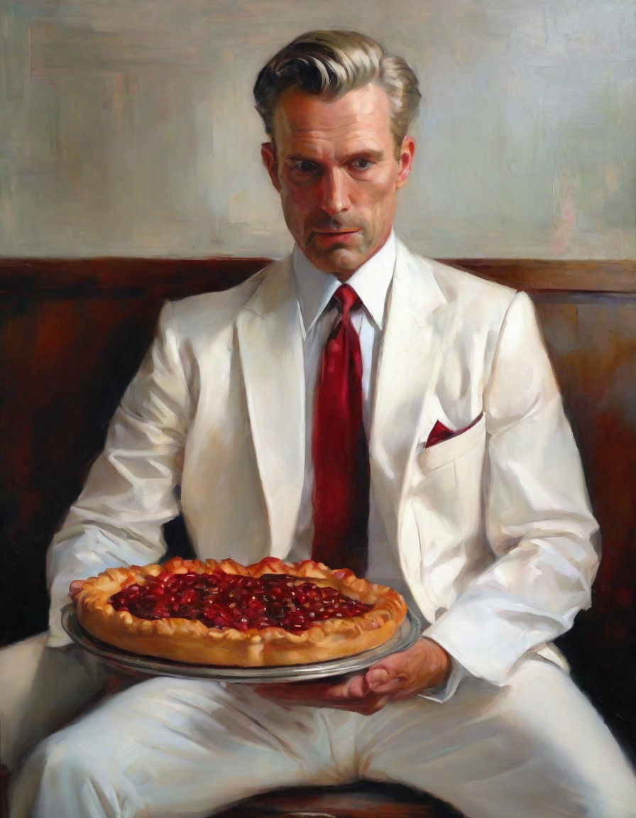 Surreal Portrait of Handsome Man in Tuxedo with Cherry Pie