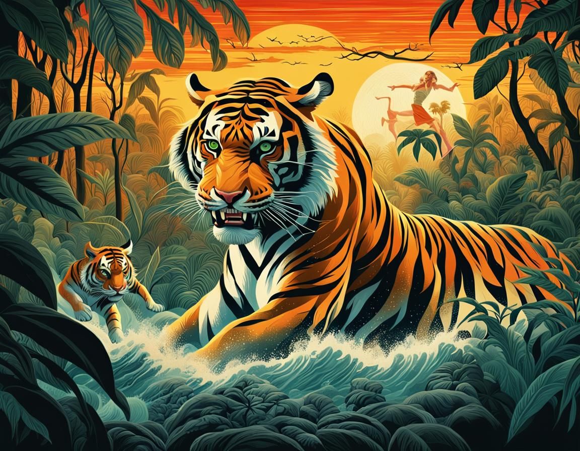 Vintage Movie Poster: Angry Tiger Attack in Surreal Style