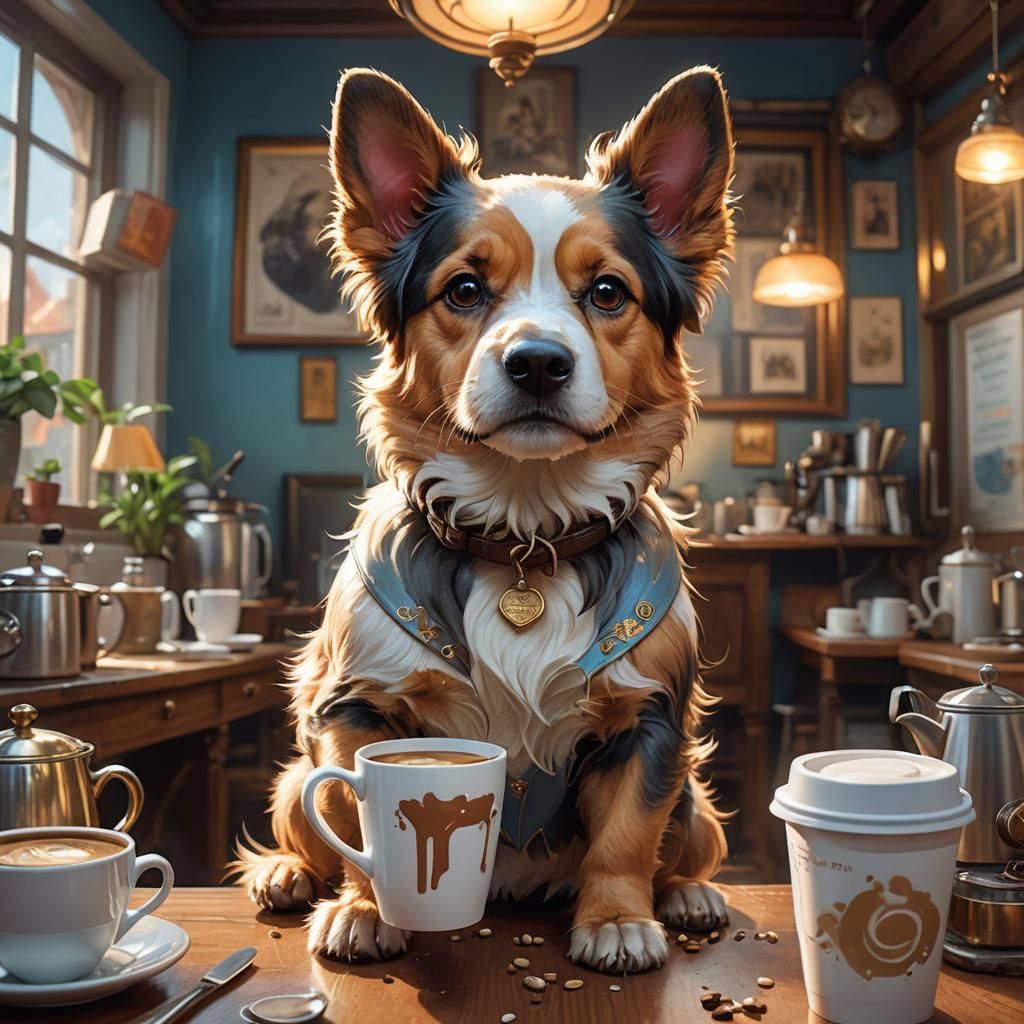 Dog Sipping Coffee: Hyperdetailed Digital Portrait