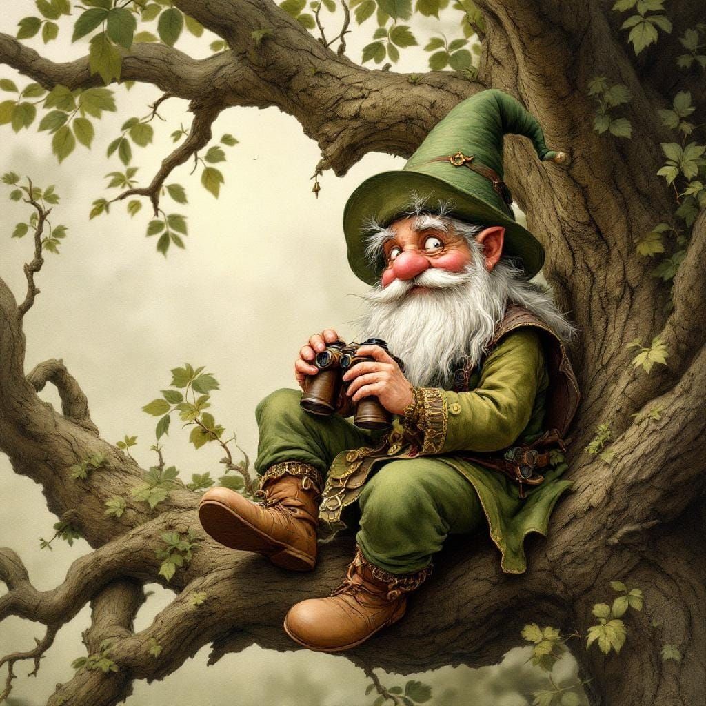Gnome in Tree with Binoculars, Fantasy Illustration