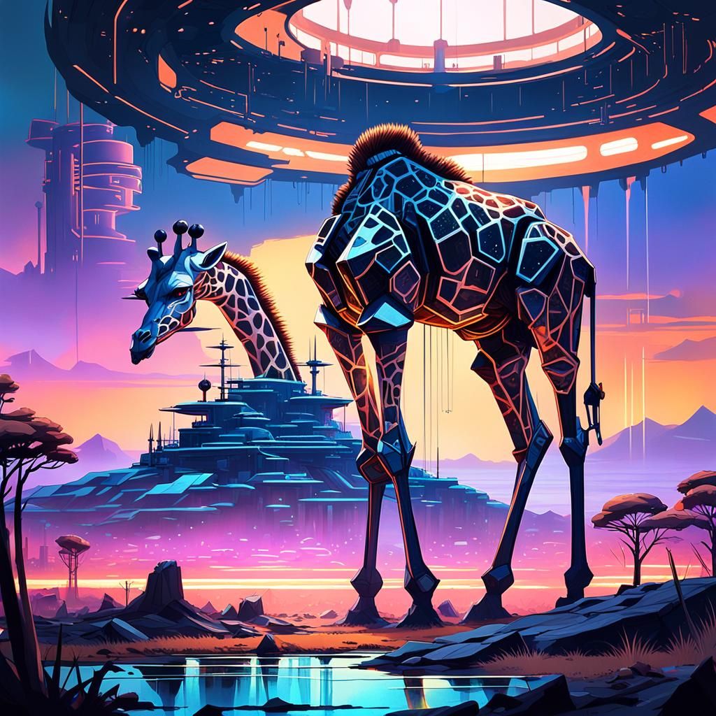 Cybernetic Island on Giraffe in Post-Apocalyptic Landscape