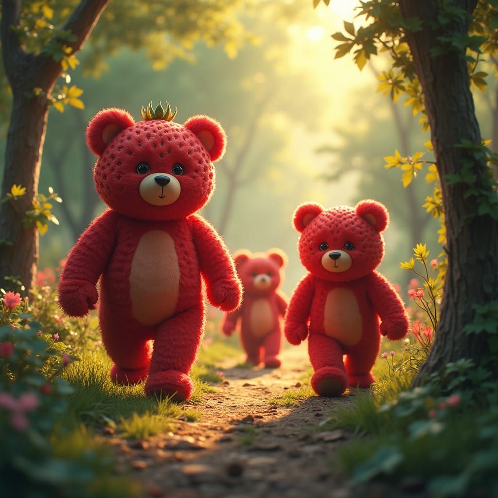 Vibrant Strawberry Teddy Bears Roam in Whimsical Forest Wond...