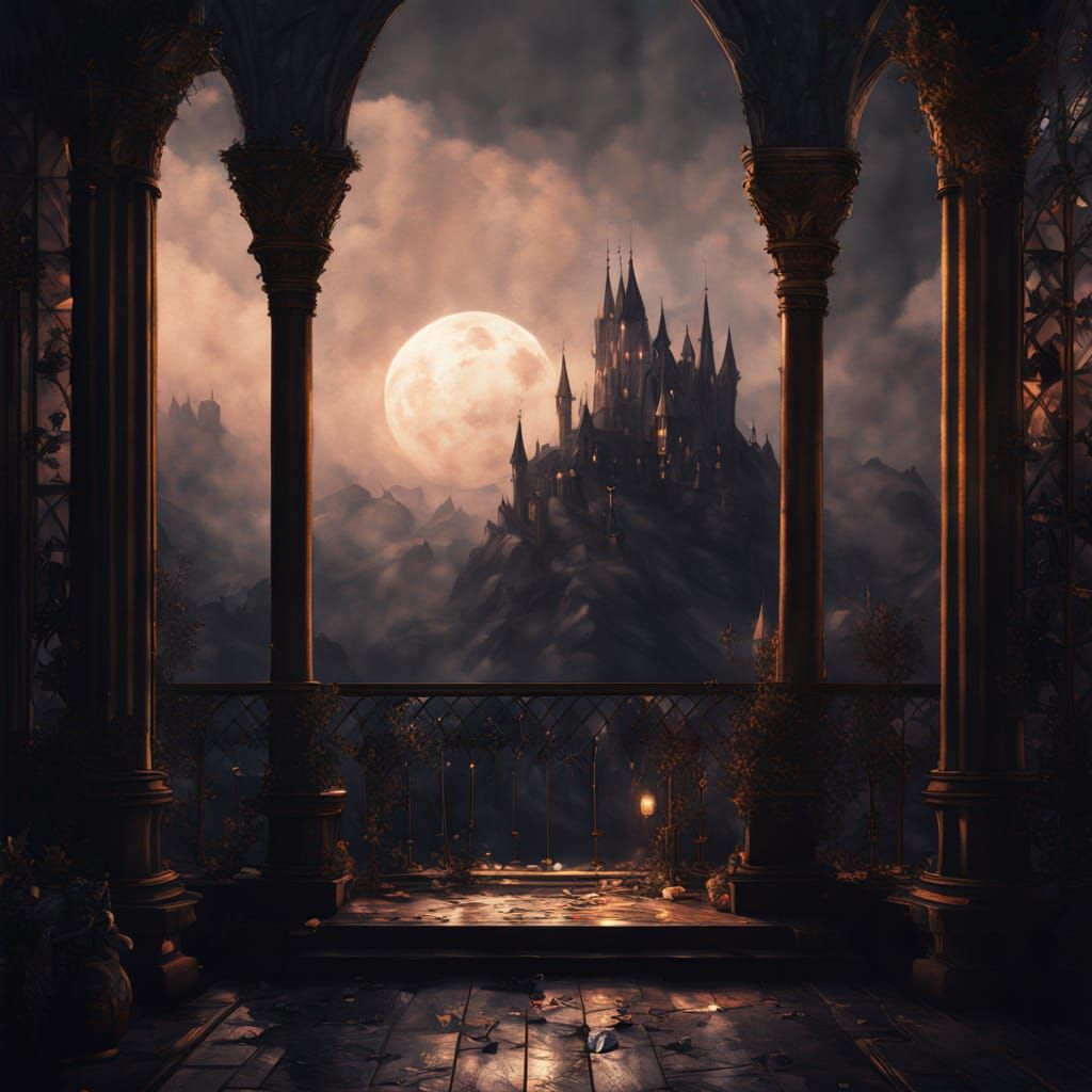 Ancient Vampire Overlooks Floating Gothic Castle Kingdom