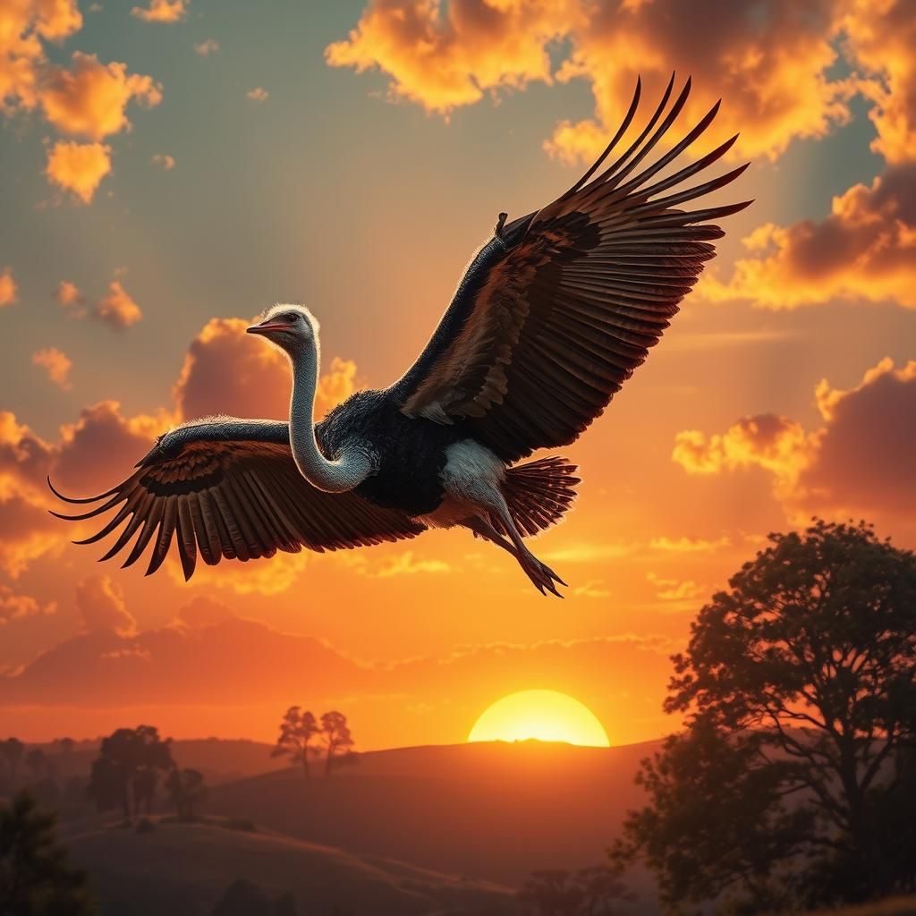 Flying Ostrich in Fantasy Sunset Realm