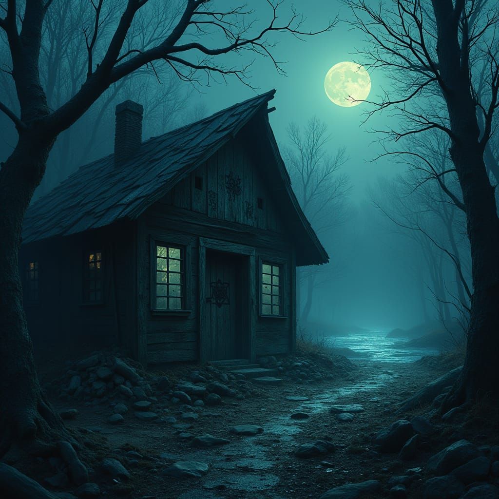 Haunted Shack in Primeval Forest with Eerie Lighting