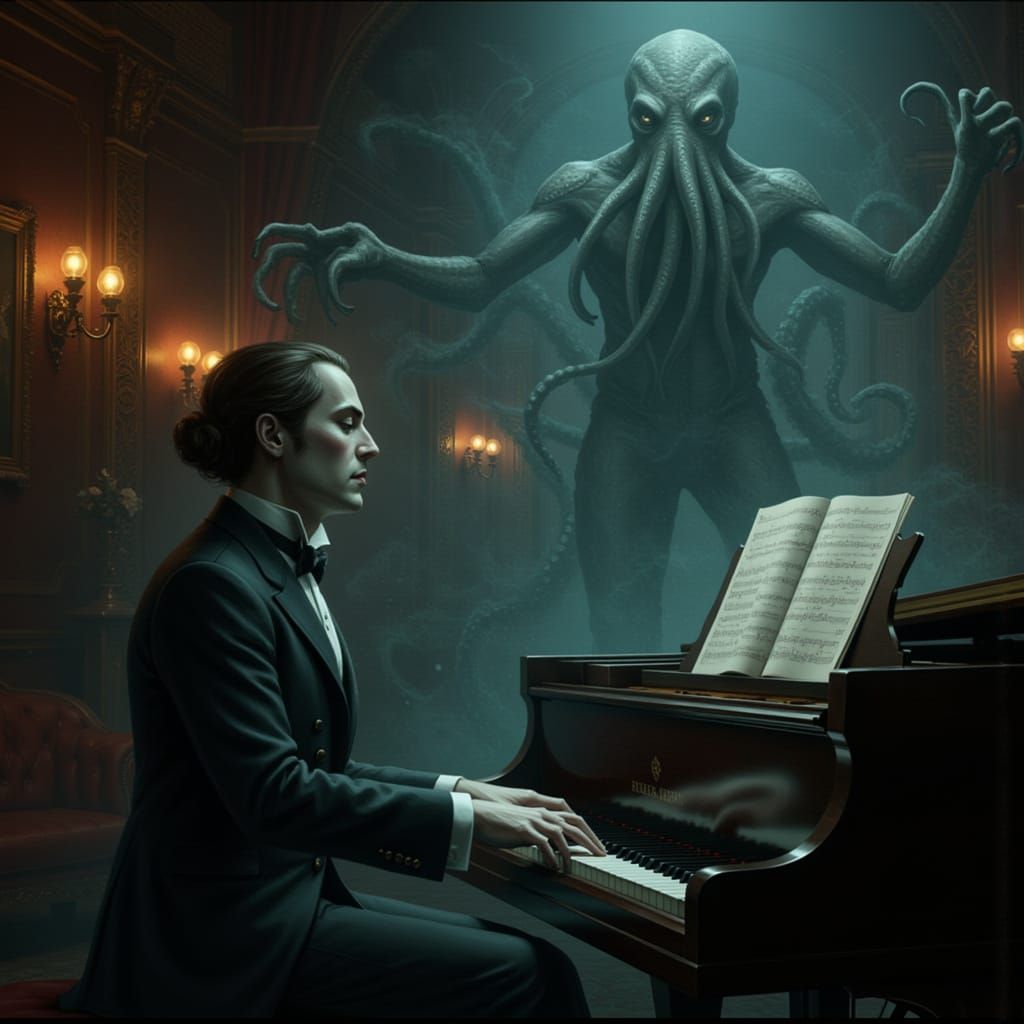 Victorian Pianist with Cthulhu Shadow, Dreamlike Style
