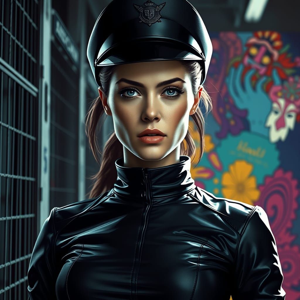 Formidable Woman Guard in Black Leather Uniform