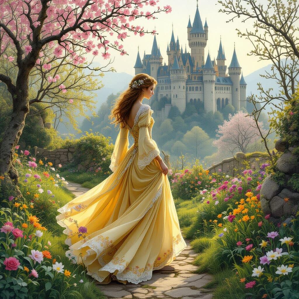 Lady in Yellow Gown in Medieval Garden
